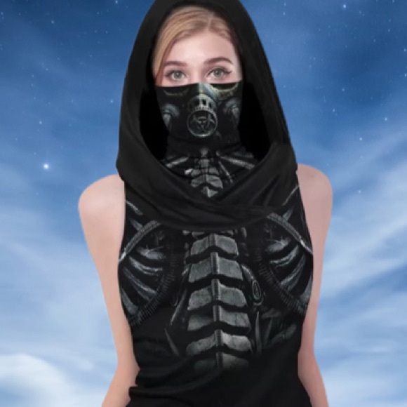 M Black goth sleeveless tank hoodie face mask top - Picture 4 of 9